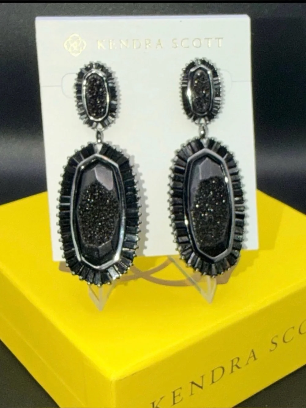 Kendra Scott Black Drusy Statement Earrings Gold Rare Retired Luxe Glam Bold - Picture 2 of 8